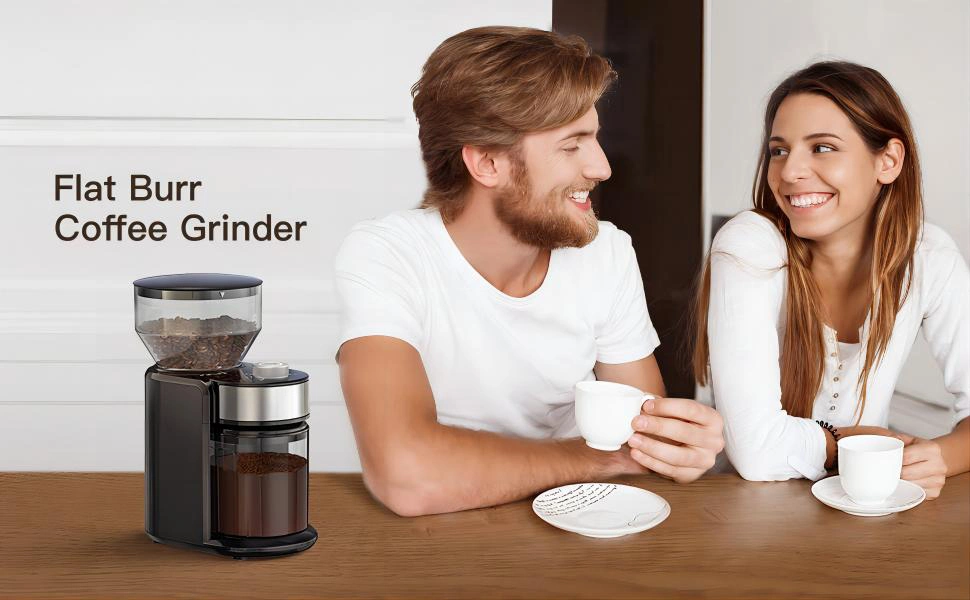 200g Capacity Black Electric 18 Grinding Settings Flat Burr Coffee Grinder for Espresso Coffee, Drip Coffee and French Press