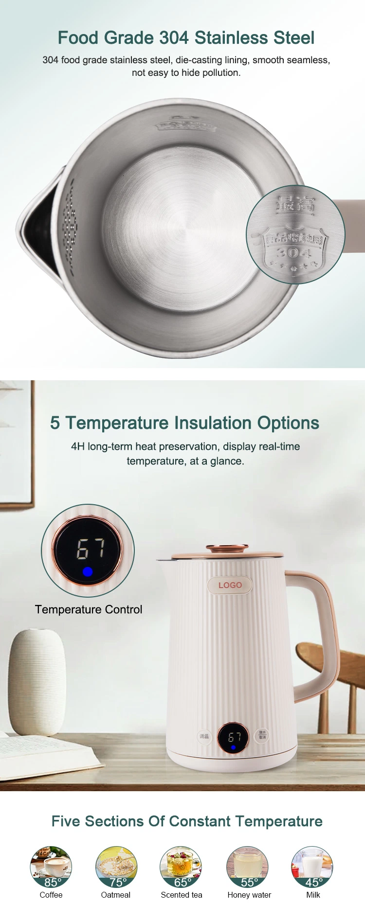 New Product LED Temperature Control Electric Kettle with Large Capacity Electric Kettle